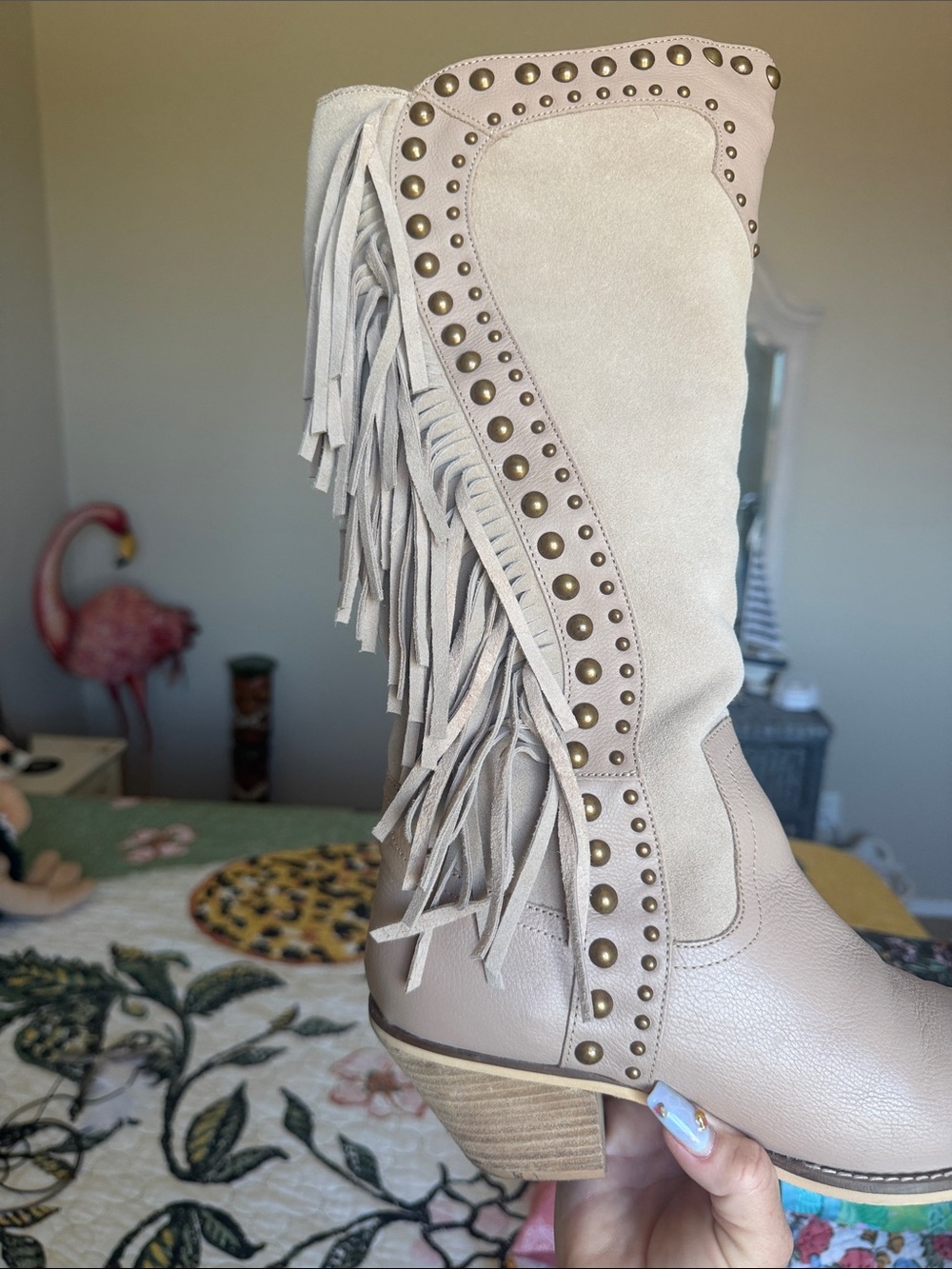 *****SIZE 9***** VERY VOLATILE Fringe Studded Knee-High Boots - Taupe - Picture 3 of 5